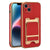 Apple iPhone 14 Plus (6.7) - Red Leather Texture Credit Card Holder & Kickstand Case with Rose Gold Chrome TPU Edge